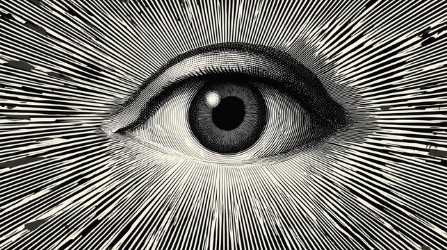 Business branding and vision concept with a powerful monochrome eye illustration radiating focus