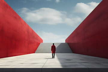 Individual dressed in red coat standing in a minimalist urban space with red walls and concrete stairs under a cloudy sky
