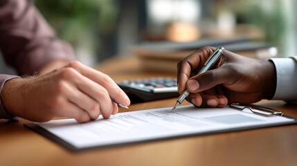 The hands of a young man and a Black man sign documents on a wooden table a calculator and a stack of financial reports nearby top view of a formal business meeting contract sig