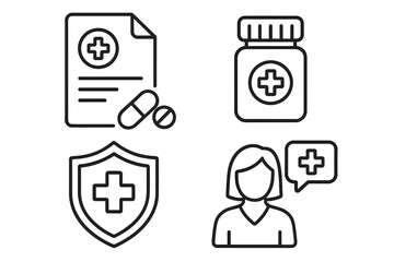Medical icons set with microscope, prescription document, medicine bottle, healthcare shield, and doctor consultation symbols. Editable stroke vector illustration for web, apps, books, cards.
