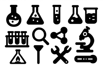 Obraz premium Science icon set vector silhouettes. Lab equipment and chemistry tools for research and experiment. Biology discovery symbols. Flask, microscope, test tube, molecule icons.