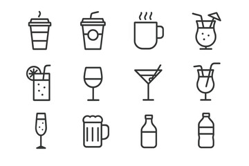 Beverage thin line icon set. Vector drink symbols collection: coffee, tea, cocktail, juice, wine, beer, soda. Editable stroke outline pictograms for menu, web, app.