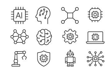 AI artificial intelligence thin line icons. Editable stroke vector icon set. Machine learning, deep learning, robot, neural network, automation, brain, processor, data science.