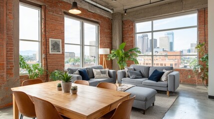 Modern Loft Apartment Interior with Brick Walls, City Views, and Stylish Gray Furniture