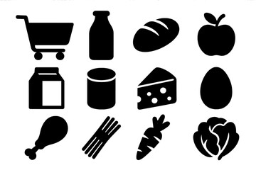 Grocery food shopping icon set. Black silhouette vector illustration of essential supermarket items. Cart, milk, bread, apple, cheese, egg, meat, and vegetables icons.