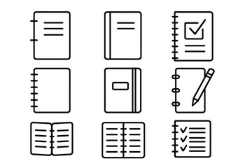 Notebook and Book Icon Set for Notes, Editable Stroke Vector Illustration, Cartoon Style Notebooks, Journals, and Checklists for Web, Apps, Cards, and Stationery Design