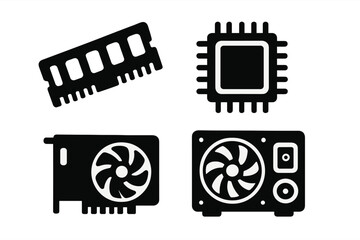 Set of computer hardware component icons in a black silhouette style. Vector illustration of PC parts: CPU processor, RAM memory, GPU graphics card, and power supply unit.
