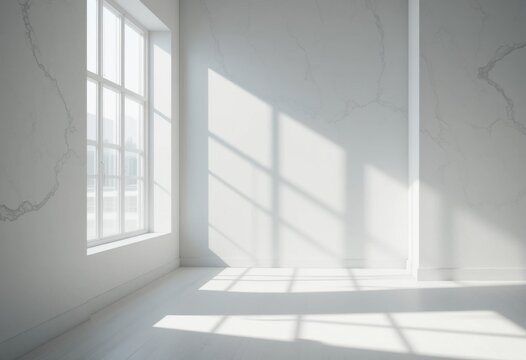 Habitaci&oacute;n minimalista y elegante en 3D en blanco p&aacute;lido, con suaves sombras naturales en las ventanas, foco en el producto y un suave fondo abstracto desenfocado