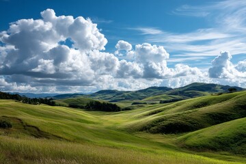 Rolling green hills under blue sky with fluffy clouds