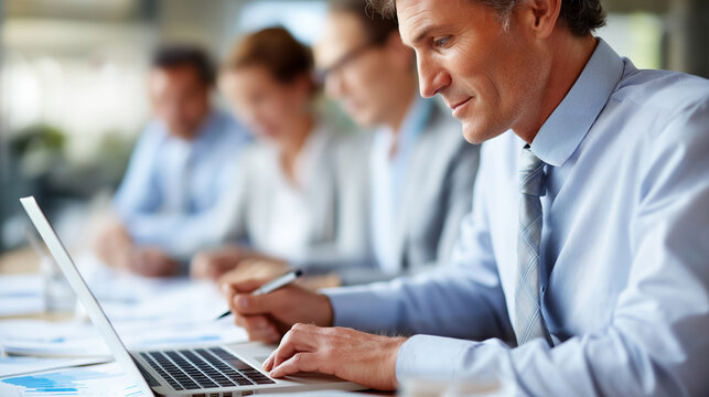 A middle aged man analyzes financial charts on a laptop his colleagues taking notes with fountain pens and flipping through budget reports top view financial analysis business - Powered by Adobe