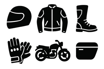 Motorcycle gear icons set including helmet, protective jacket, riding boots, gloves, classic motorcycle silhouette, and storage box in bold black vector silhouettes, transparent background
