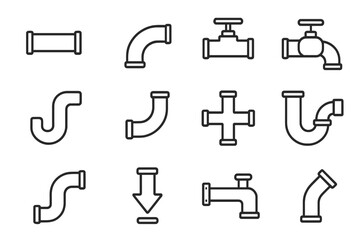 Simple isolated pipe icons collection. Editable stroke plumbing vector symbols set. Industrial pipeline parts, valves, connectors, fittings for web, apps, books, cards, design