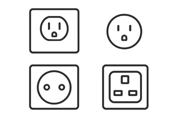 Set of Minimalist Line Icons of Electric Outlets and Power Sockets, Editable Stroke Vector Illustration, Linear Pictogram Design for Cards, Apps, Banners, Posts
