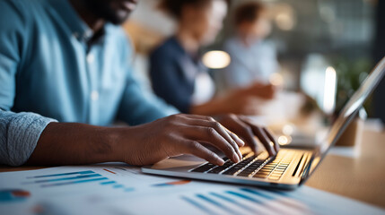 A middle aged Black man types on a laptop displaying financial charts his colleagues debating data points over printed graphs top view of a diverse team financial chart analysis