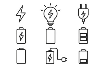 Pack of editable linear energy, charger and battery line icons with minimalistic stroke style, perfect for cards, apps, banners, posts, and vector cartoon illustrations