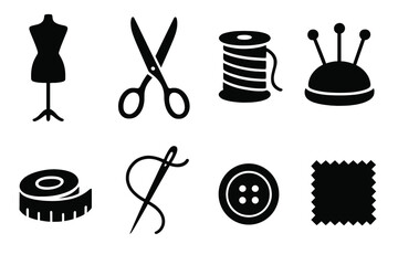 Stylish black silhouettes of essential sewing tools icons, tailoring equipment vector set, scissors, needle, spool of thread, button, dress form mannequin, measuring tape, pin cushion illustration