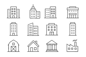 Simple linear building icons set, editable stroke, minimalistic modern linear pictogram collection for cards, apps, banners, posts, vector cartoon illustration design