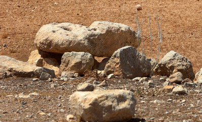 Stones of ancient dolmen ruins in the Madaba area of ​​central Jordan