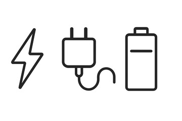 Simple linear icon of energy charger and battery, editable stroke minimalistic design, linear pictogram for cards, apps, banners, posts, vector cartoon illustration for digital use