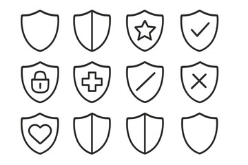 Simple linear shield icons set, editable stroke, minimalistic design, security symbols collection, protection badges, shield pictograms for cards, apps, banners, posts, vector cartoon transparent