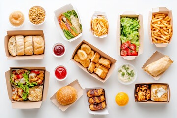Flat lay of empty cardboard food packaging box on white background