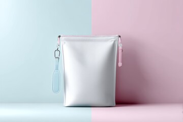 Standing pouch bag mockup with zip lock front view on pastel surface