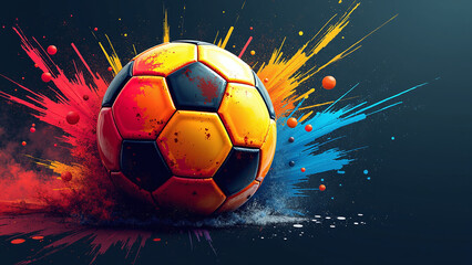 Fototapeta premium Vibrant soccer ball with colorful splash on dark background. 