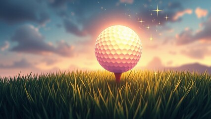 Surreal glowing golf ball with magical light on green grass, sparkling stars in dreamy night sky, fantasy sports illustration for design and decor.