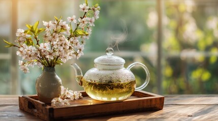 Fototapeta premium Serene Spring Tea Ceremony: A Glass Teapot of Herbal Infusion with Delicate Cherry Blossoms