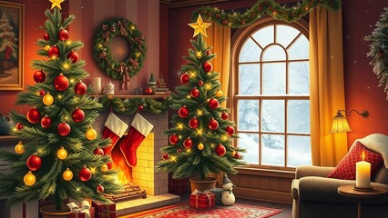 Cozy Christmas illustration with glowing decorated trees, fireplace, stockings, wreath and snowy window, festive holiday card art.