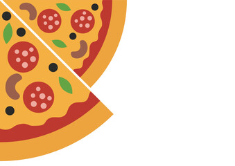 Flat design illustration of a half pizza with pepperoni and olives. Party food concept for menu, banner, or greeting card.