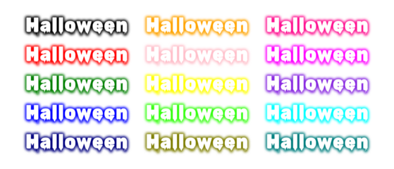 A colorful set of 'Halloween' neon text effects with a dripping slime style. Collection of spooky, melting horror font titles in various colors. Clip art pack for party invitations, social media. PNG