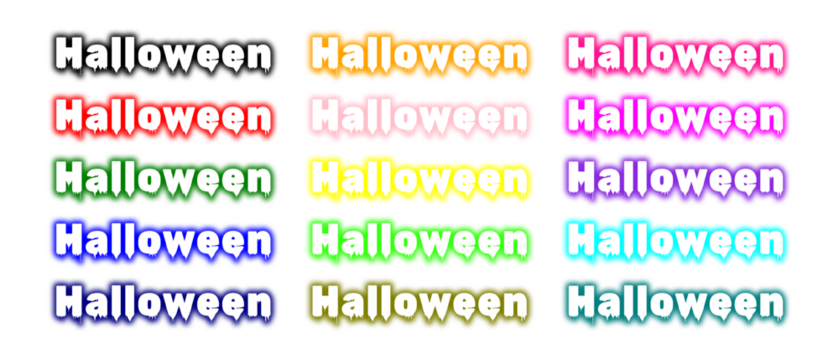 A colorful set of 'Halloween' neon text effects with a dripping slime style. Collection of spooky, melting horror font titles in various colors. Clip art pack for party invitations, social media. PNG