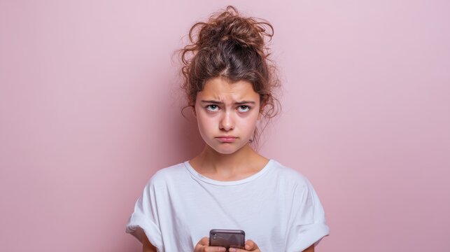 Teenage girl holding a smartphone and looking at the screen against a pink background. - Powered by Adobe