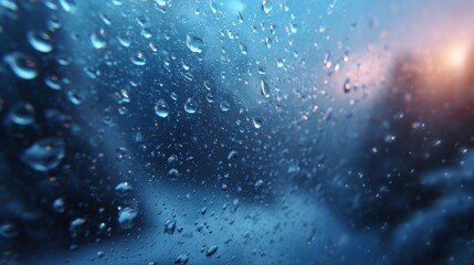 Obraz premium Raindrops on a Window: Captured up-close, showcasing countless crystal-clear raindrops clinging to a glass window, with a blurred, atmospheric background hinting at the world beyond.