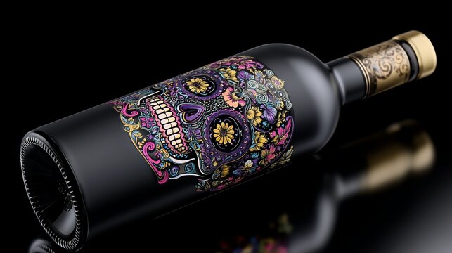 Decorative Wine Bottle with Colorful Sugar Skull Design – Ideal for Day of the Dead or Halloween Promotions