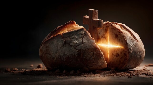 Broken Bread with Glowing Cross Inside &ndash; Symbol of Communion, Resurrection, and Christian Faith