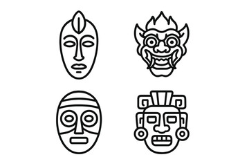 Traditional ethnic mask vector icon collection. Outline illustration of African tribal, Asian demon, and ancient Aztec or Mayan deity faces. Cultural ceremony symbol set.
