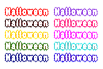 A colorful set of 'Halloween' neon text effects with a dripping slime style. Collection of spooky, melting horror font titles in various colors. Clip art pack for party invitations, social media. PNG