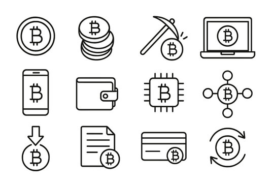 Cryptocurrency bitcoin outline icon set. Digital money and finance symbols. Vector line art. Crypto mining, blockchain technology, payment, exchange and wallet concepts.