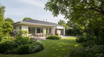 Modern house nestled in a lush garden with green lawn trees and vibrant flowers