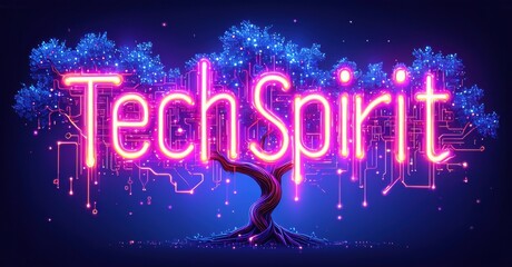Bright neon tree design. Text reads TechSpirit. Circuitry forms branches, roots, glowing blue background. Modern digital aesthetic.