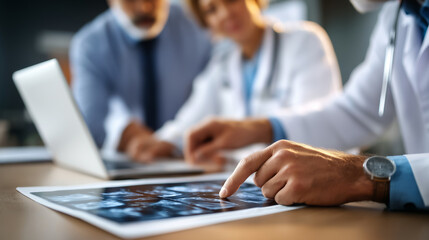 Multiethnic doctors huddle around a table discussing medical documents and pointing at X ray images a laptop open to patient records top view medical team meeting X ray