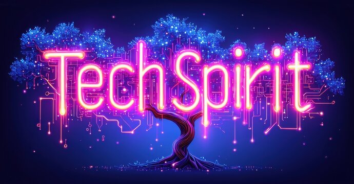 Bright neon tree design. Text reads TechSpirit. Circuitry forms branches, roots, glowing blue background. Modern digital aesthetic.