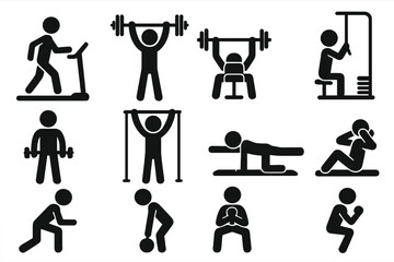 Fitness icon set with stick figures exercising. Gym workout poses and training with equipment. Vector pictogram silhouette for bodybuilding, cardio, and weightlifting.