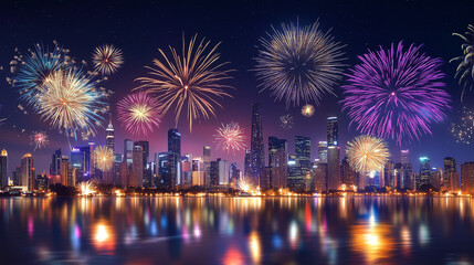 Vibrant fireworks celebration over a city skyline at night for festive events