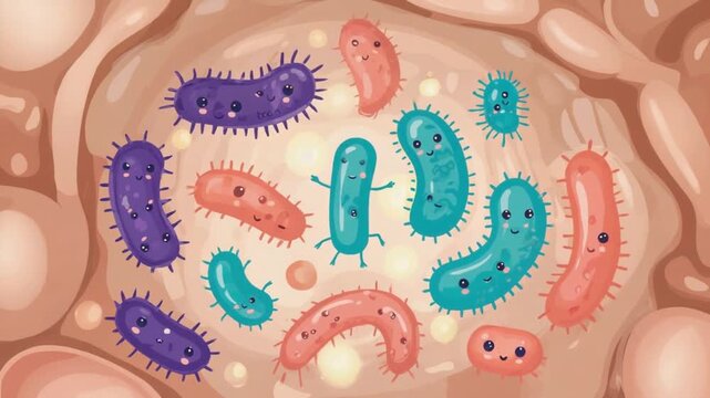 Bacteria in the gut. Cartoon style.