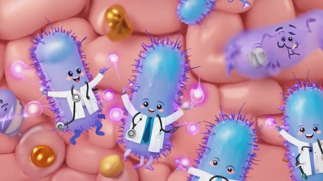 Bacteria in the gut. Cartoon style.