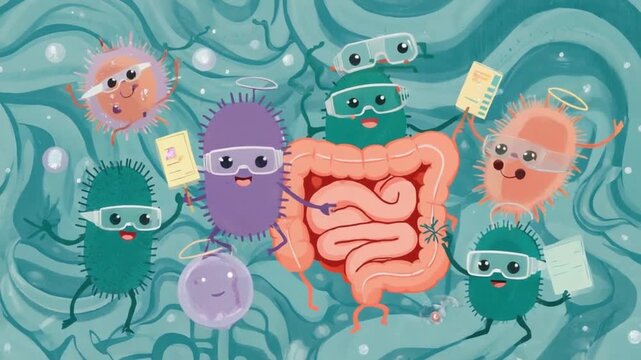 Bacteria in the gut. Cartoon style.