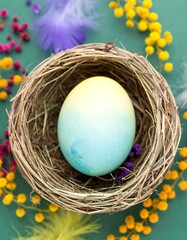 Pastel-colored egg in a nest, surrounded by feathers and flowers